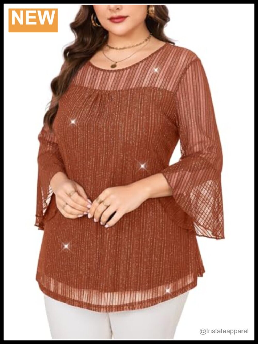 Plus Size Ruffle 3/4 Sleeve Blouse Sparkly Mesh Tunic Top